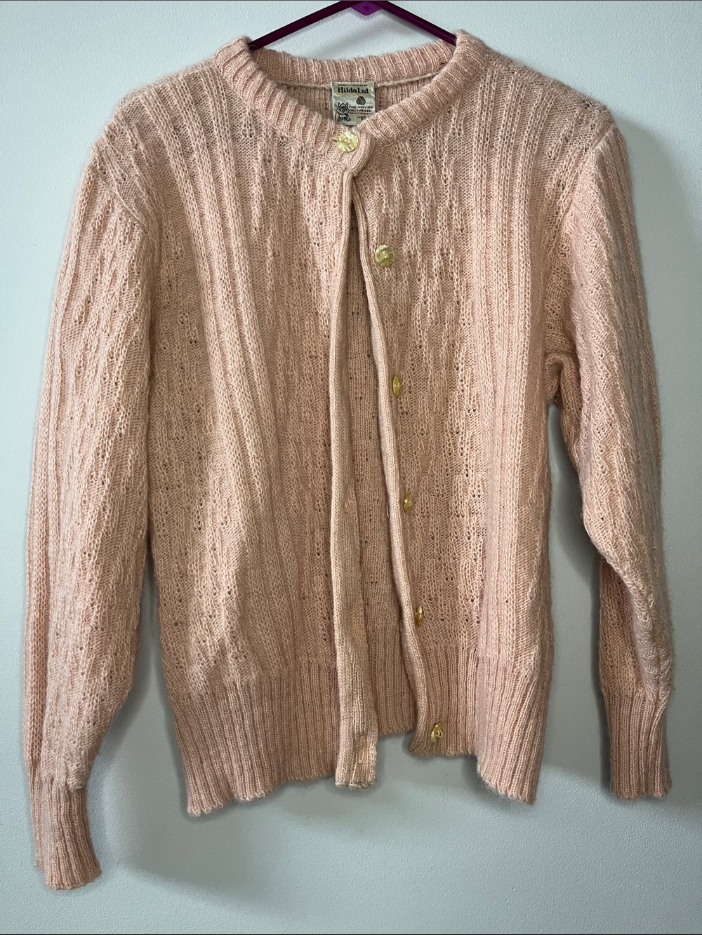 Hilda LTD 100% Pure Wool vintage pastel pink knit cardigan